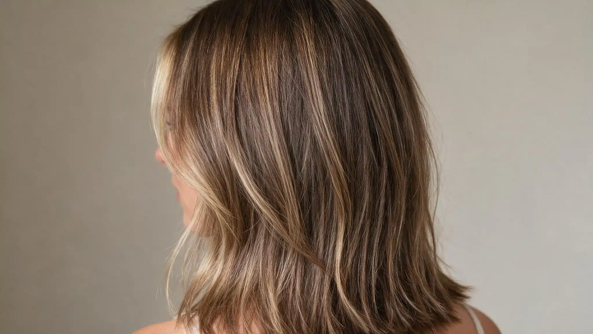 Soft blended money piece highlights on shoulder-length brown hair