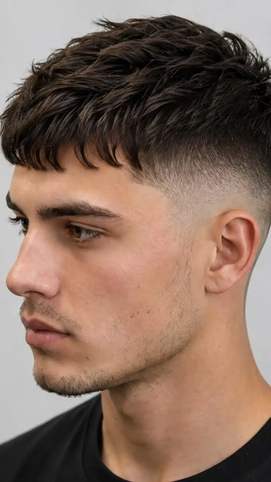 Textured crop haircut with a tousled fringe and clean skin fade creating a sharp modern finish around the sides