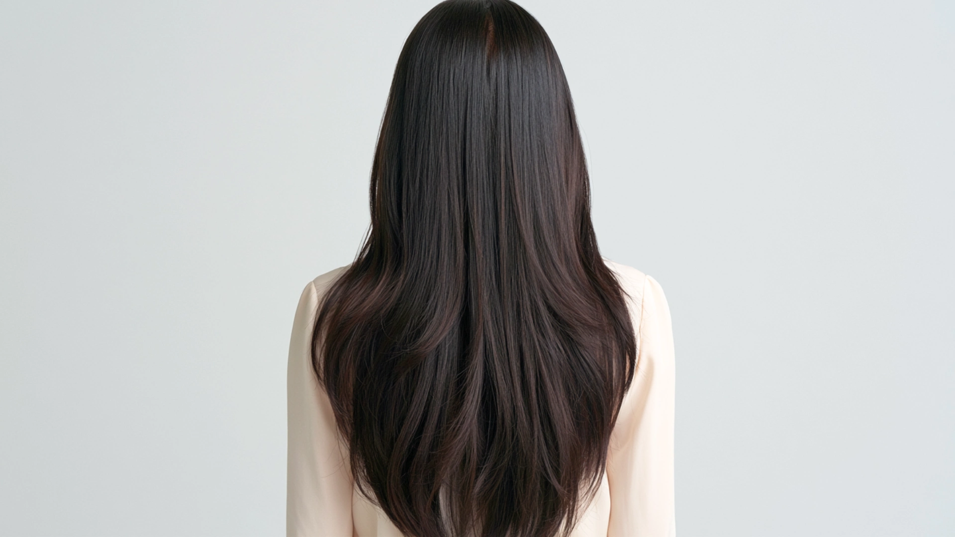 The image features the back of a woman with long hair, emphasizing the length and style of her hair.