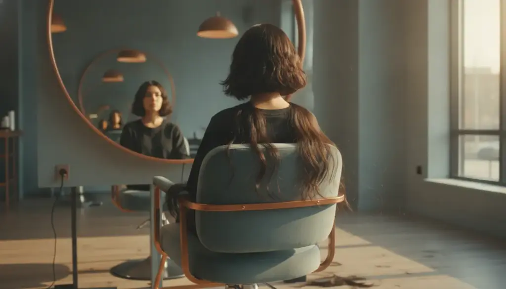 Person with long hair sitting in salon chair facing mirror in bright, modern salon setting