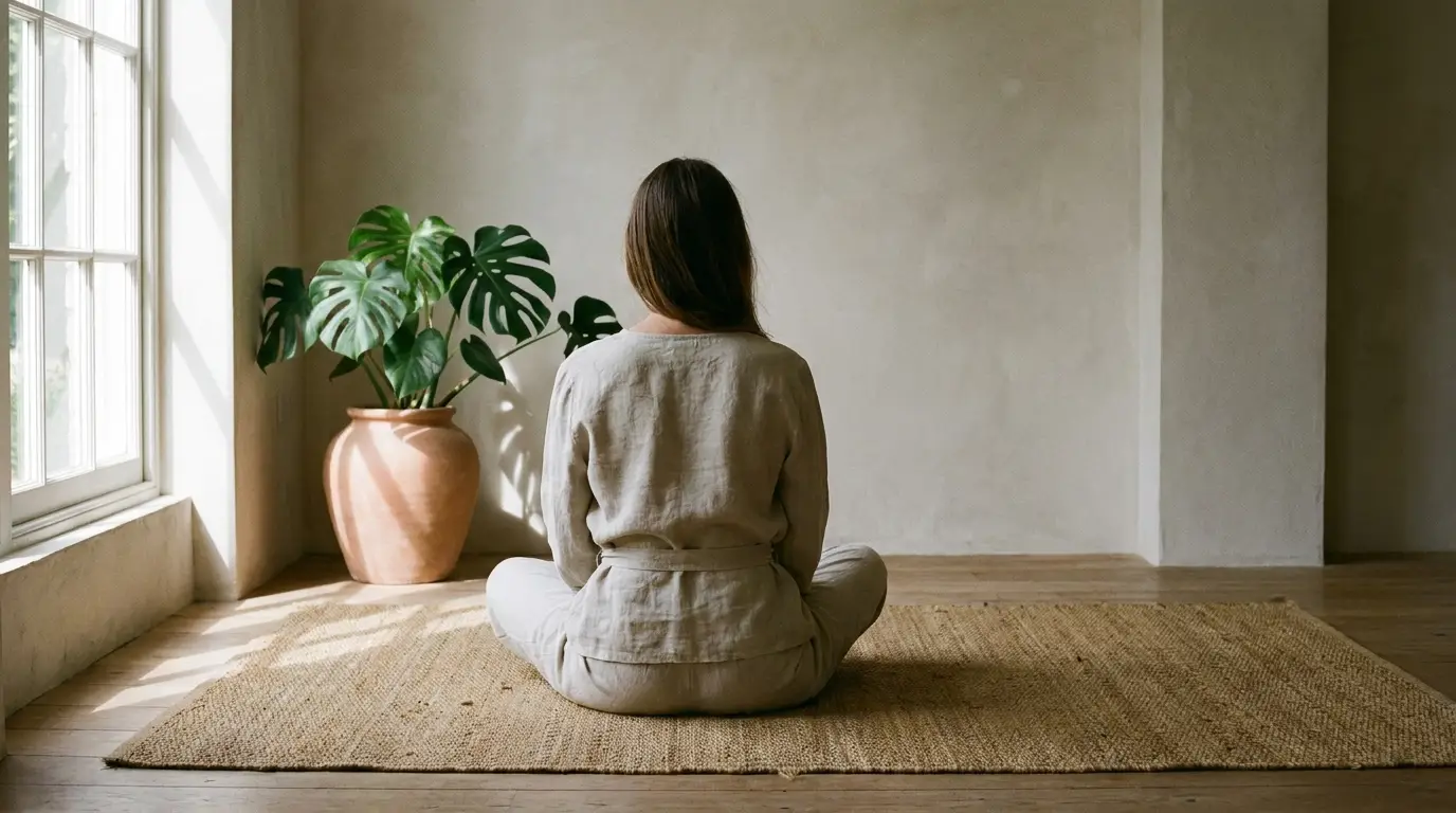 Person in beige clothing meditating on woven rug in bright minimalist room with potted plant
