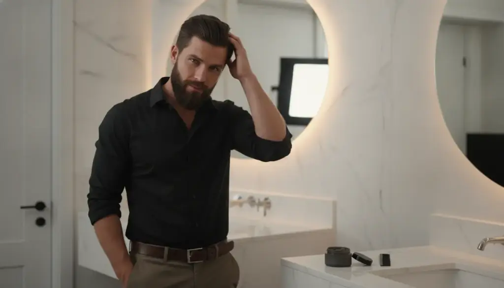 Man in black shirt posing in modern bathroom with marble walls and soft lighting