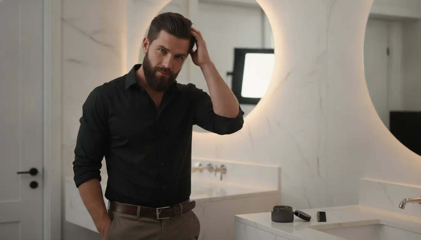 Man in black shirt posing in modern bathroom with marble walls and soft lighting