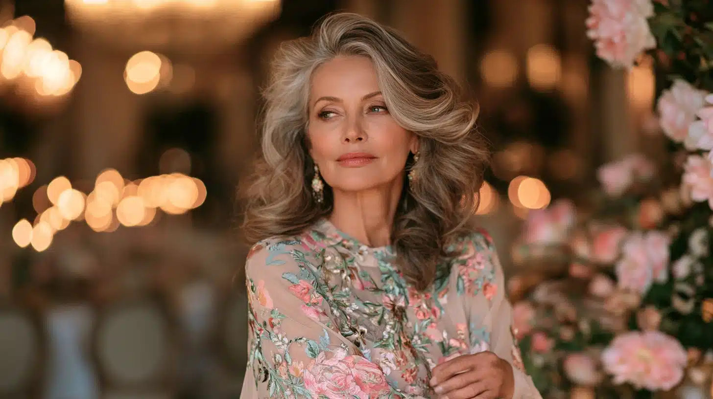 voluminous blowout mother of the bride hairstyle with silver hair and floral embroidered dress at wedding venue