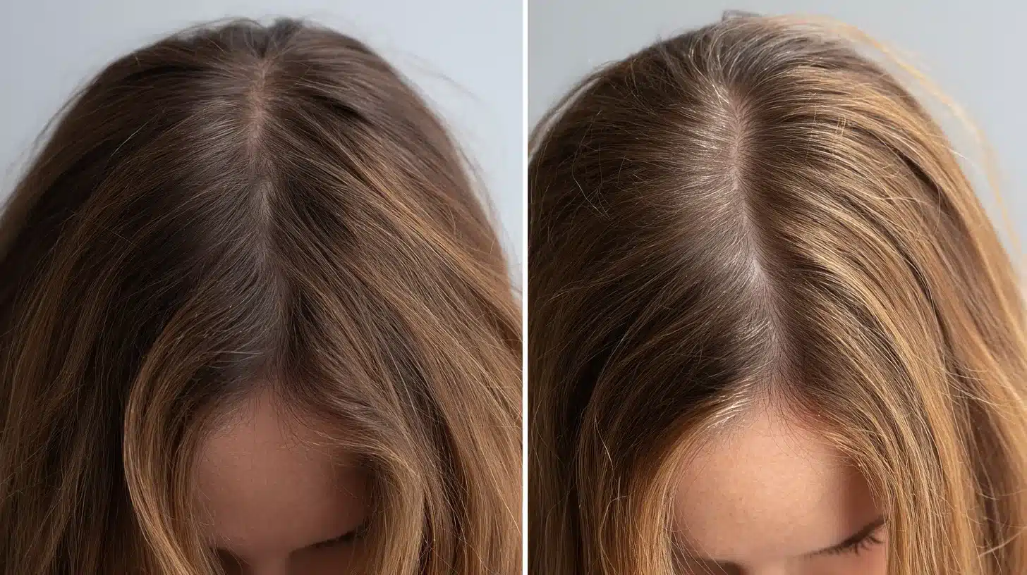 Side by side view of brown scalp hair showing visible hairloss along the center hair parting