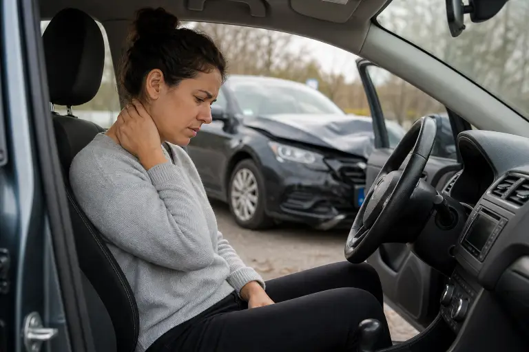 Woman rubbing her neck inside a car after collision with another vehicle in background