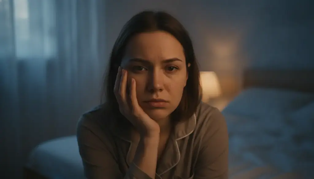 Young woman in pajamas sitting on bed with thoughtful expression in dimly lit bedroom
