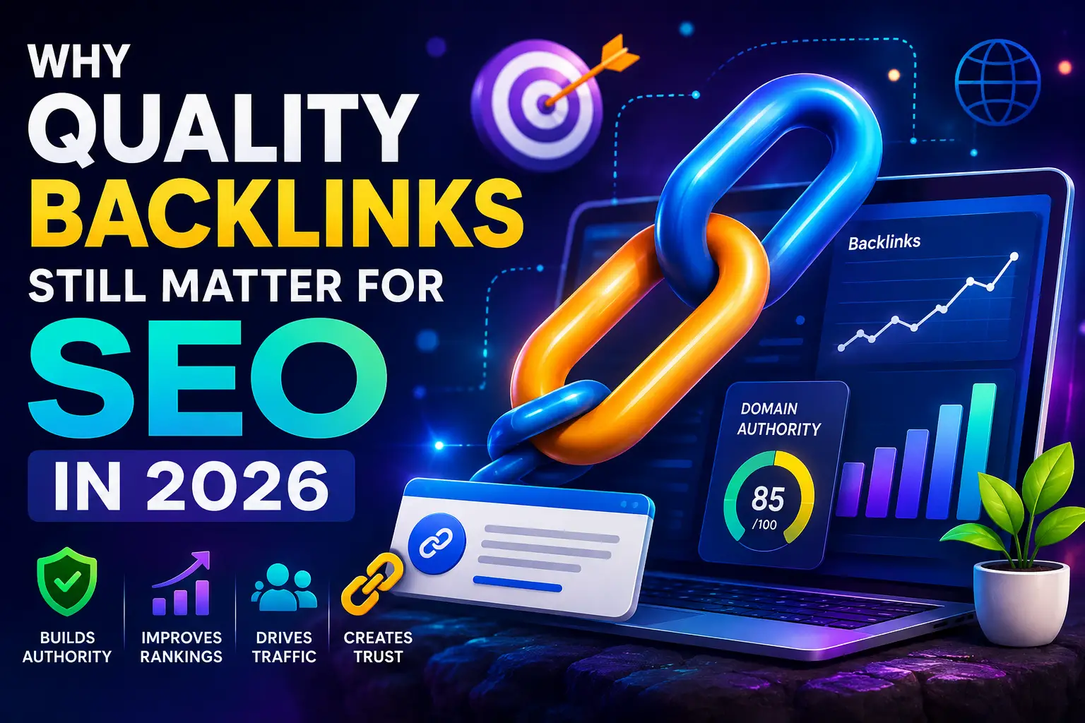 Colorful chain link visual over laptop screen with graphs in digital marketing theme