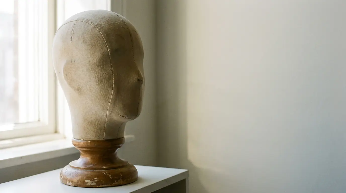 Fabric mannequin head on wooden stand in sunlit room near window