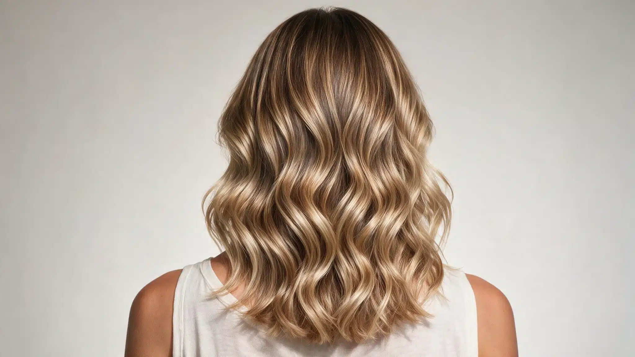 Woman with highlighted beach wave perm, showing soft, loose waves and dimensional blonde balayage from the back.