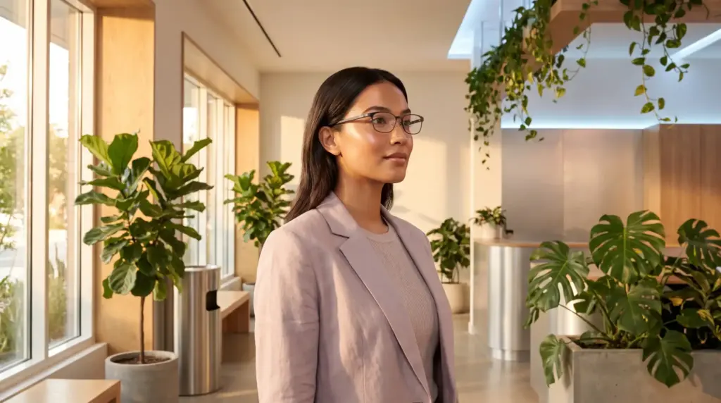 Woman in light pink blazer in plant-filled office with large windows and natural light