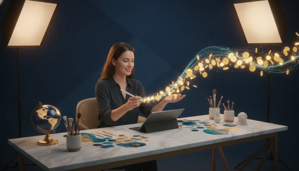 Artist creating digital coins with stylus on tablet in modern studio setting