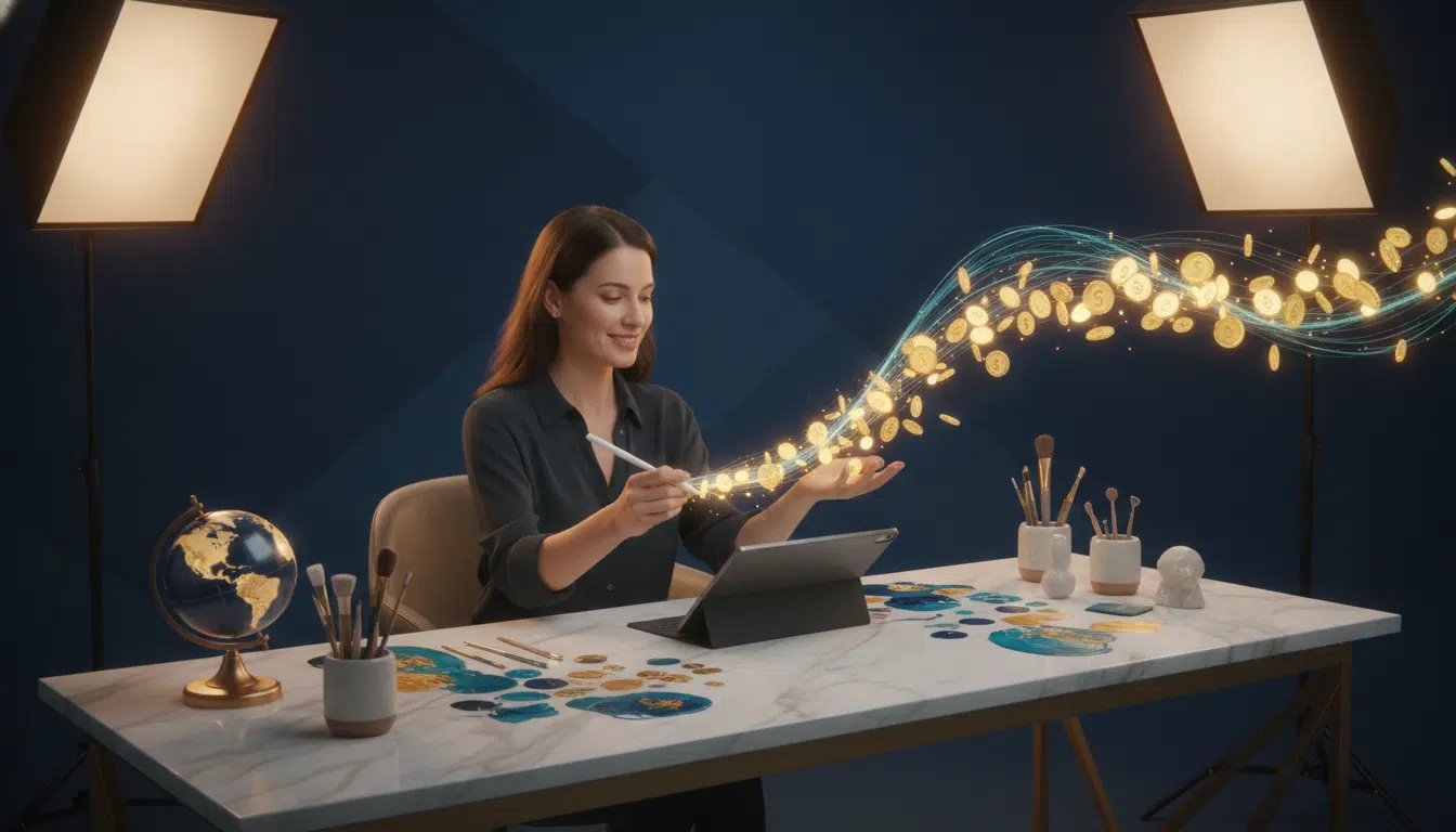 Artist creating digital coins with stylus on tablet in modern studio setting