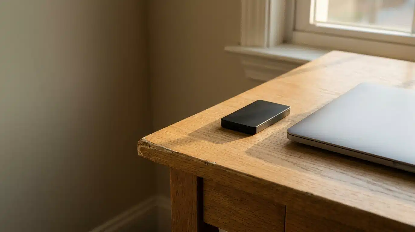 Laptop and external hard drive on wooden desk near window in soft natural light