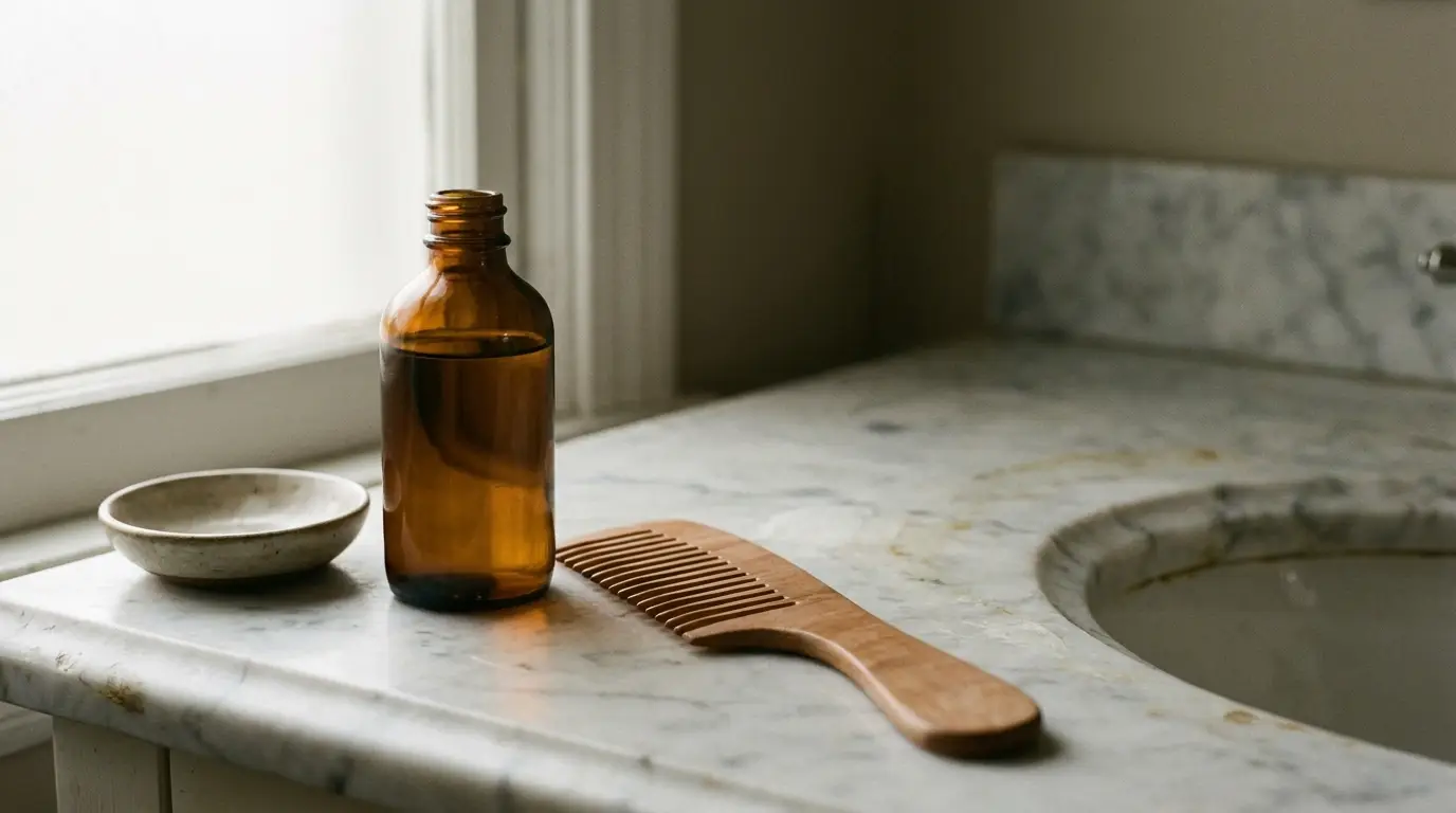 Amber glass bottle and wooden comb on marble bathroom counter in soft natural light