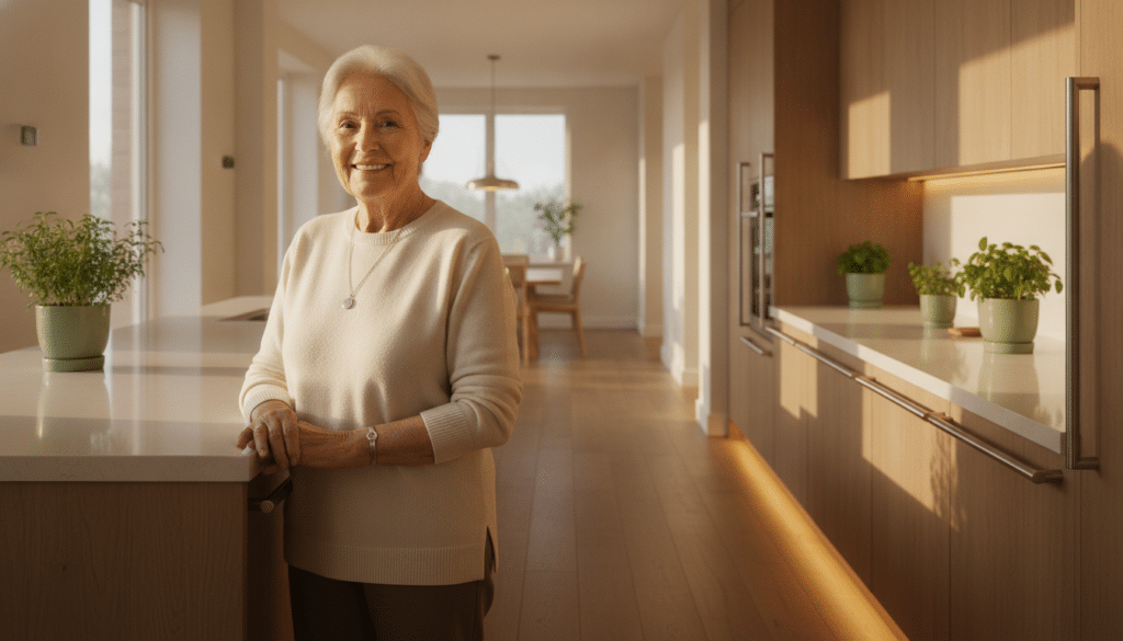 Smiling elderly woman in bright modern kitchen with potted plants on the counter