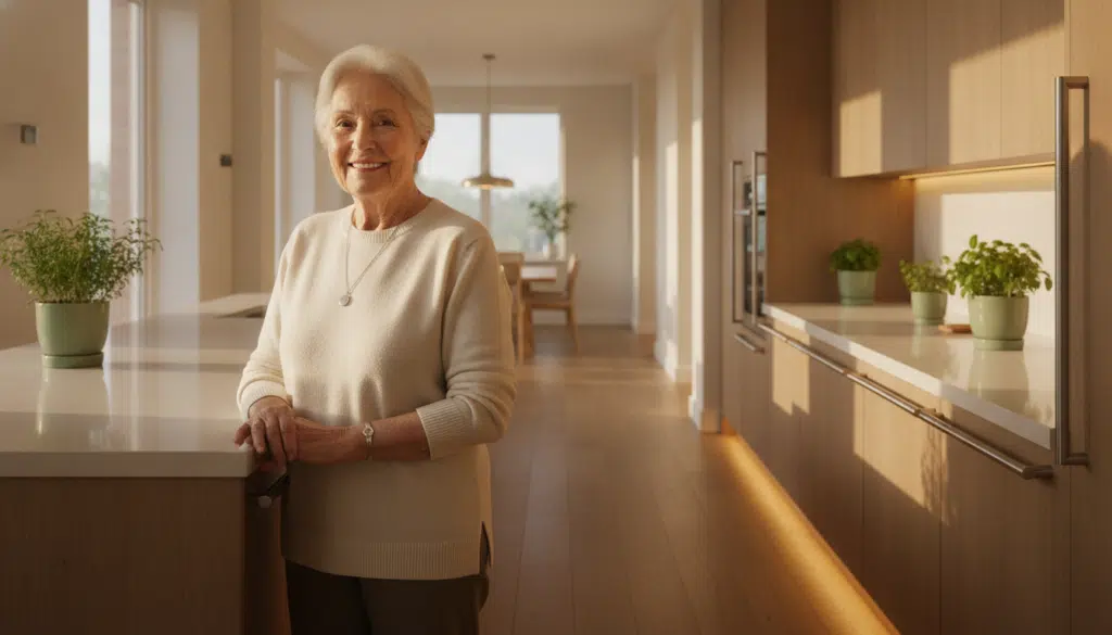 Smiling elderly woman in bright modern kitchen with potted plants on the counter