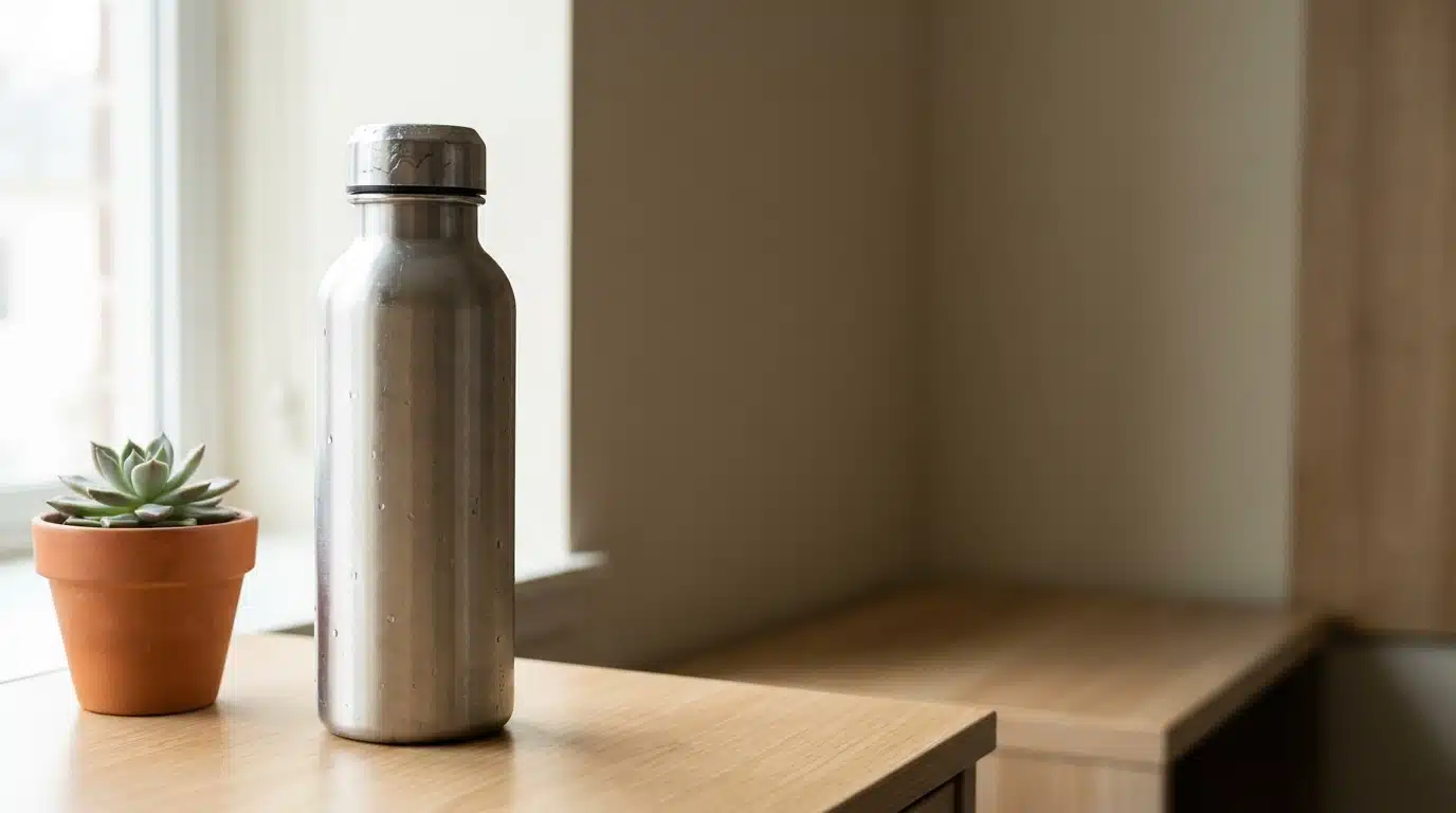Stainless steel water bottle and potted succulent on wooden table by window