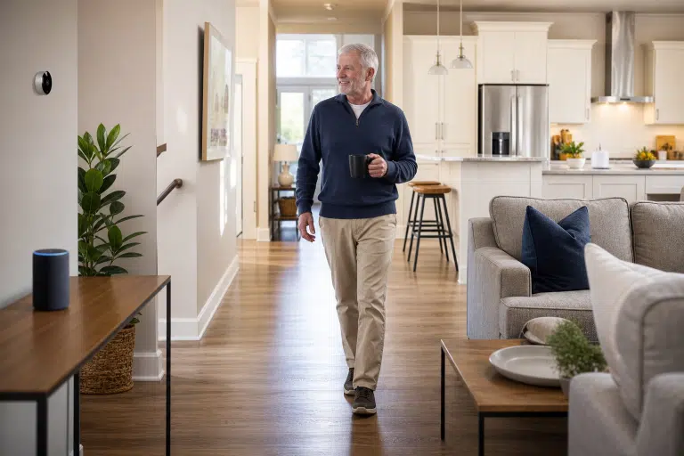 Man holding coffee cup walking through modern living room with hardwood floors and natural light