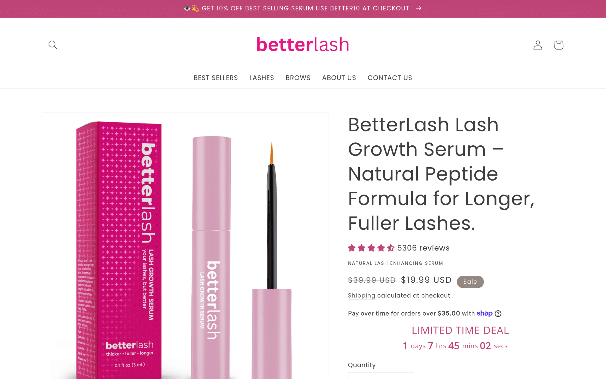 Pink tube of BetterLash lash growth serum and matching packaging against white background