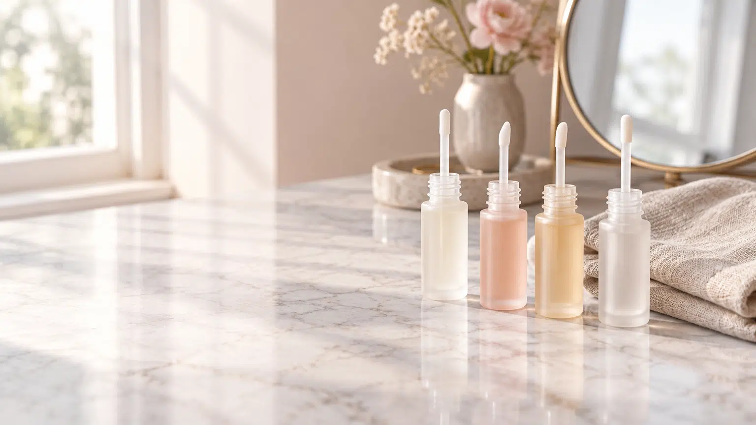 Lip gloss tubes on marble countertop with flowers in vase and soft natural light