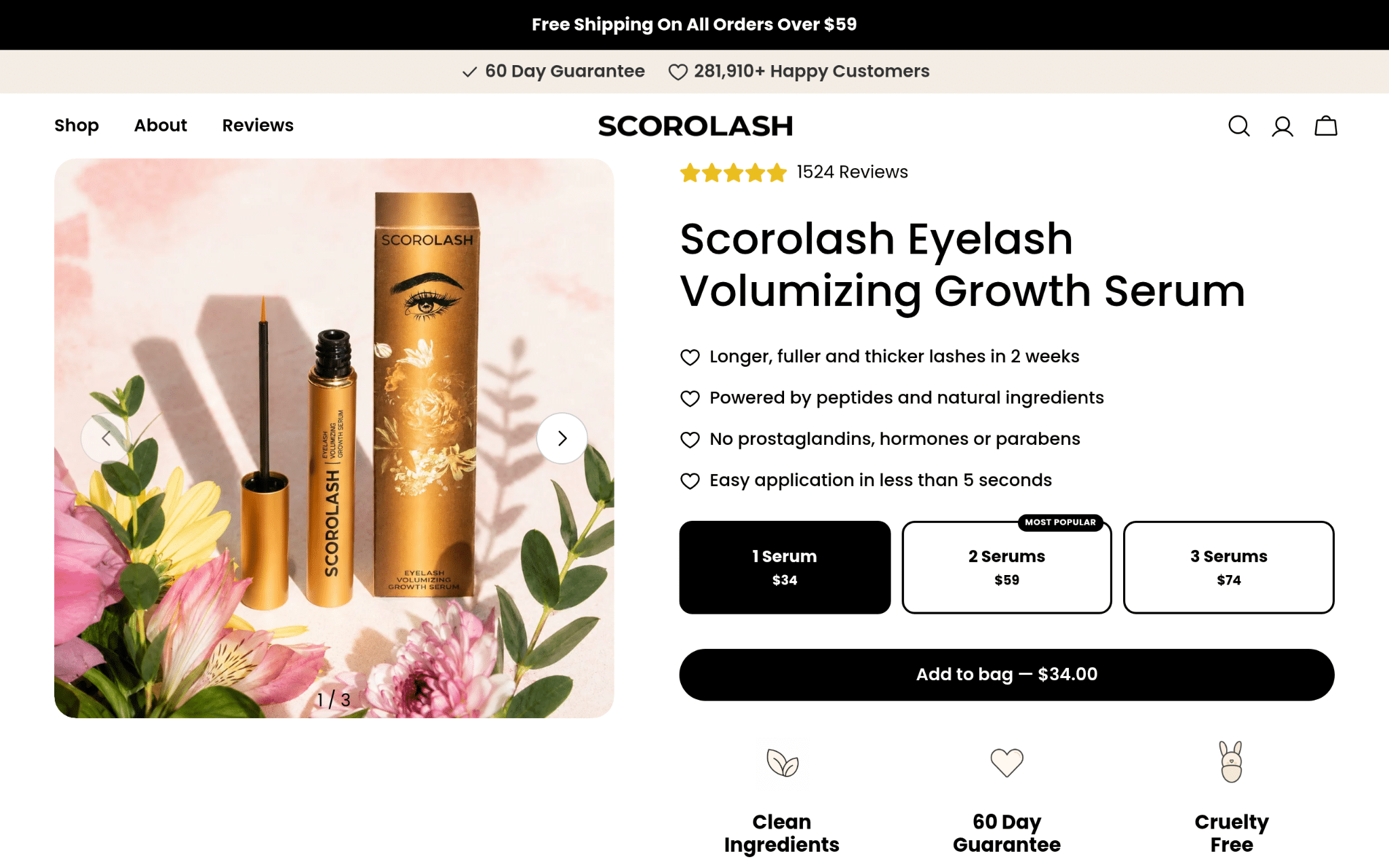 Scorolash eyelash growth serum with floral packaging and applicator near colorful flowers